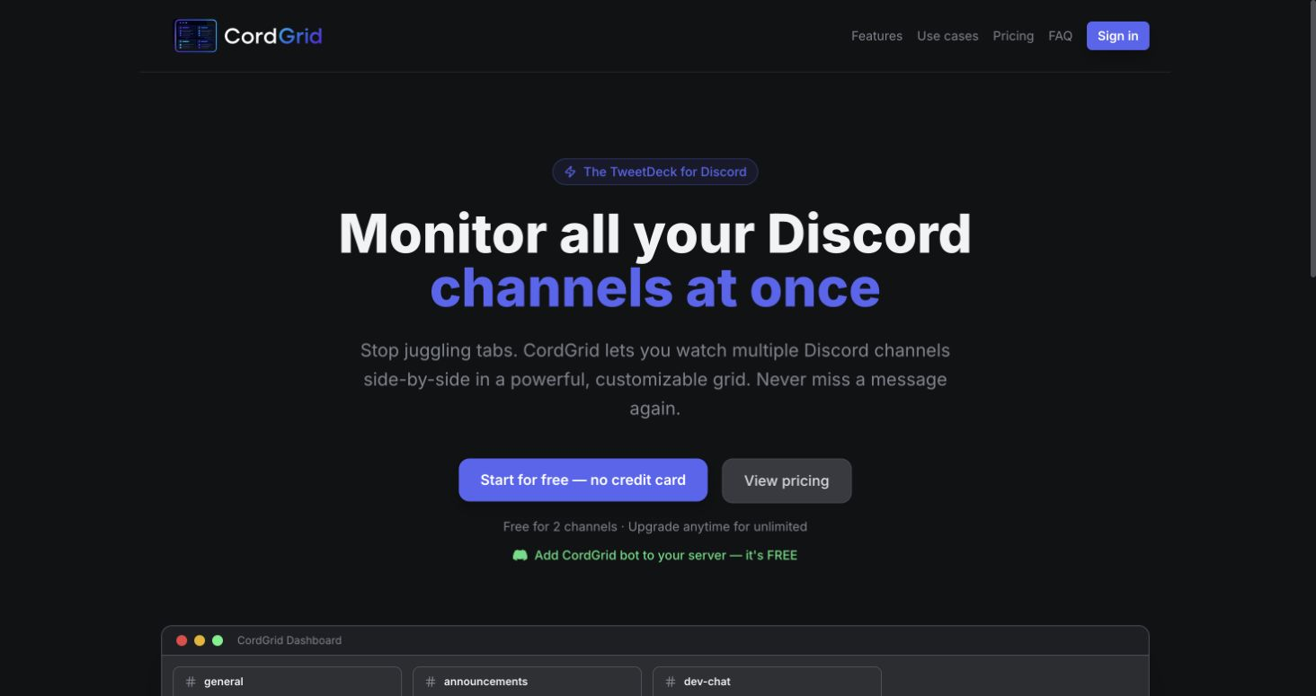 CordGrid homepage showing a side-by-side grid for monitoring Discord channels.