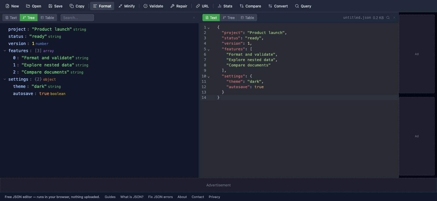 EditJSONFree showing sample JSON in synchronized tree and text views.