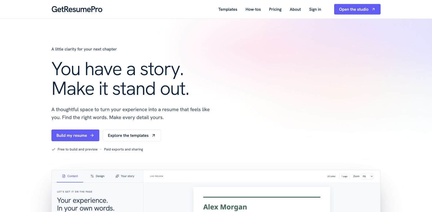 GetResumePro homepage with resume-building tools and a sample document preview.