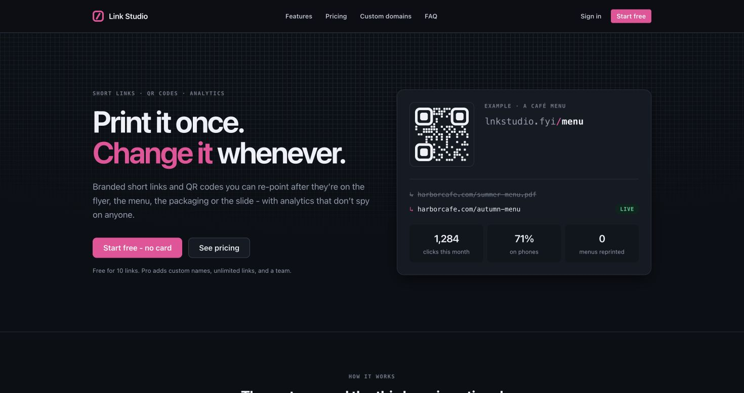 Link Studio homepage showing a branded QR code and an example café menu link whose destination can change without reprinting.