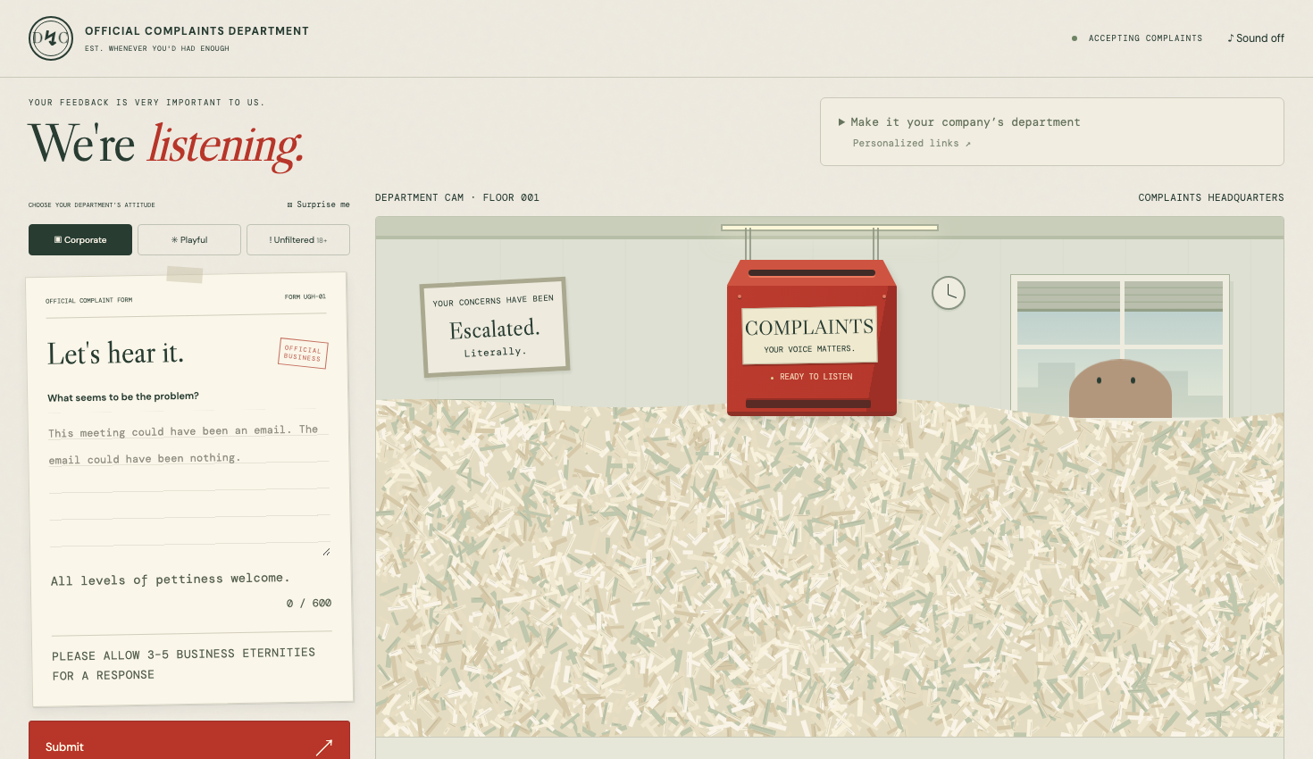 Official Complaints Department homepage with a complaint form beside a virtual office piled with paperwork.