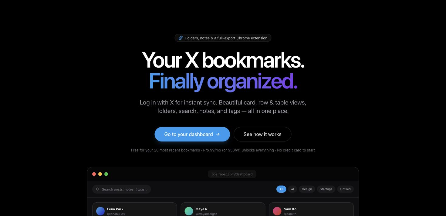 PostRoost homepage introducing organized X bookmarks with search, folders, and multiple views.