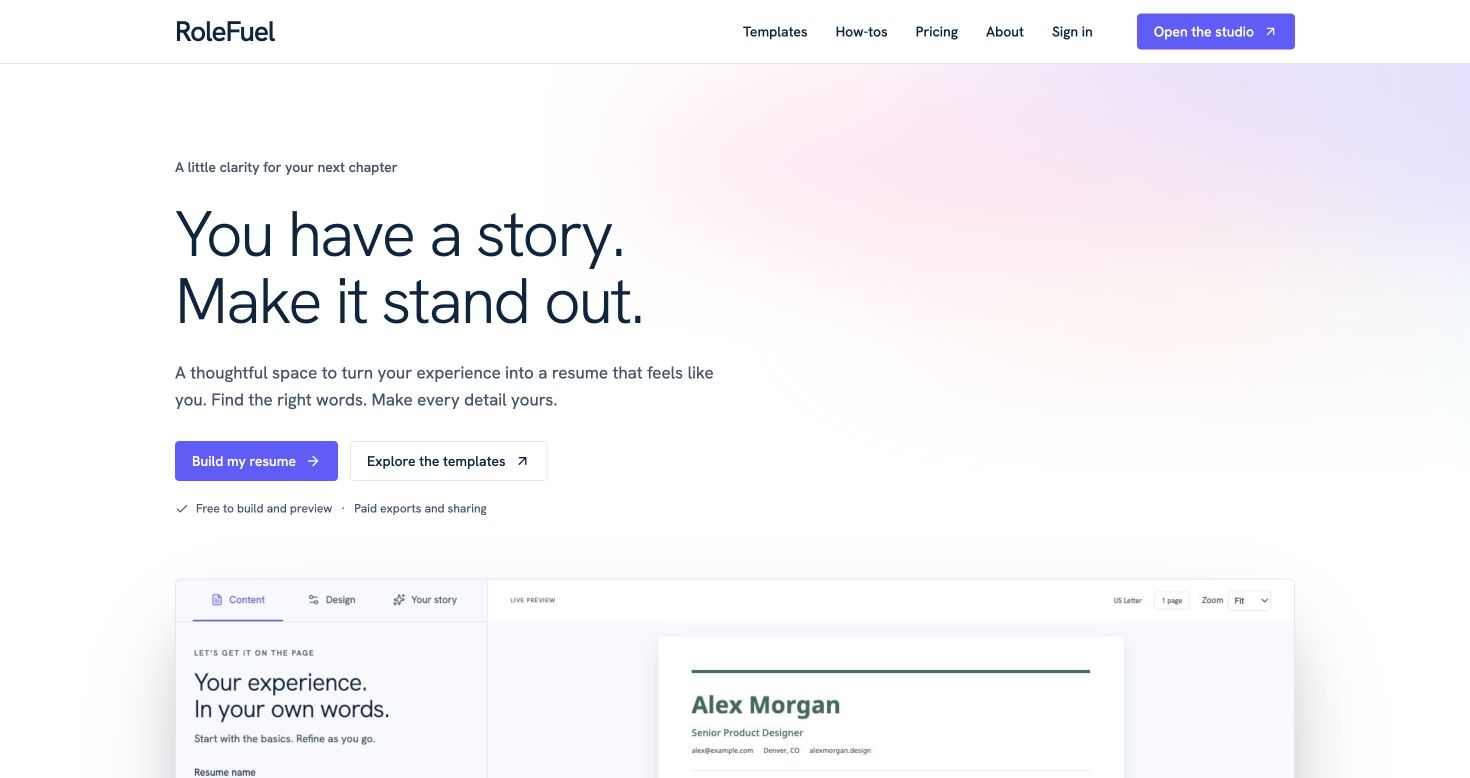 RoleFuel homepage with guided resume writing and a sample resume preview.